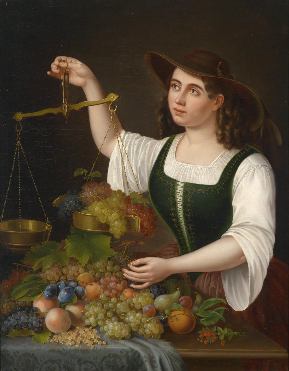 Um, mercado jovem, mulher, pesando, frutas de George Forster