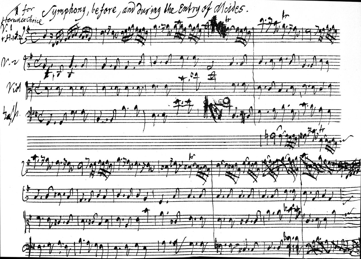Nota original do início da sinfonia que acompanha a entrada de Alcides na peça de Tobias Smollett &39;Alcestes&39;, musicada por Handel entre 27 de dezembro. 1749 e 8 de janeiro de 1750, 1750 (pen a de George Frederick Handel