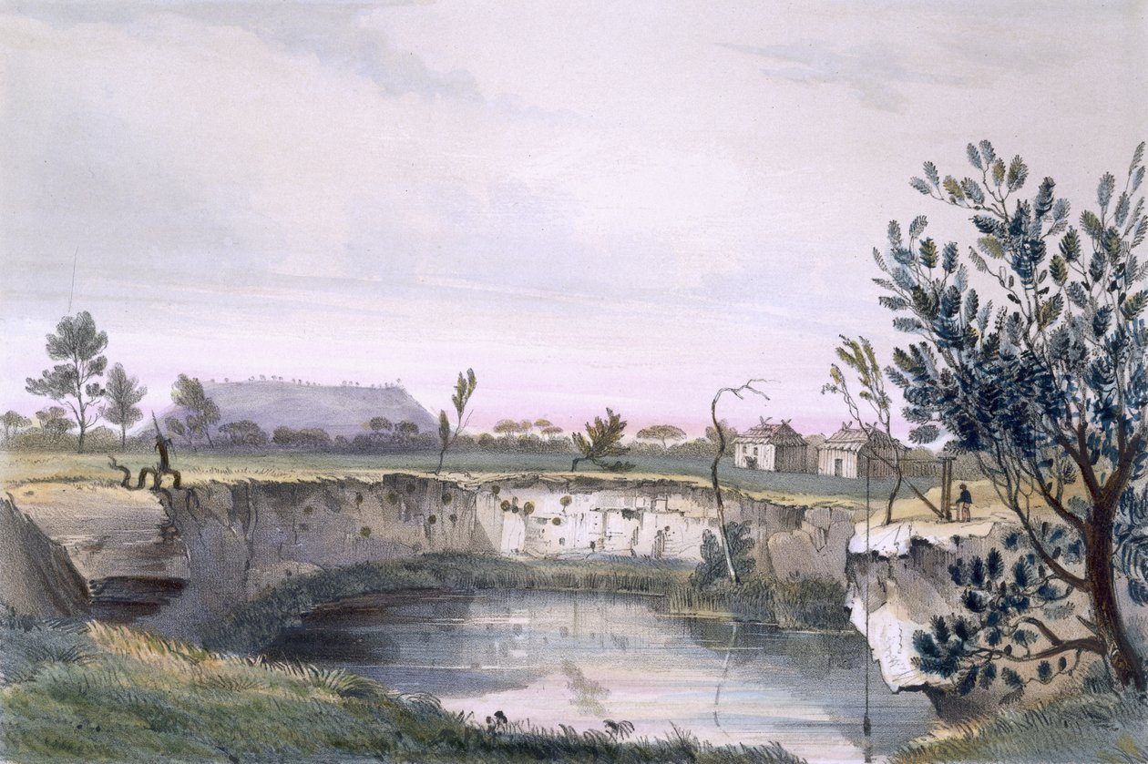 Carneiros Arthur&39;s Sheep Station, com um dos poços vulcânicos. Monte Schank à distância - de manhã cedo, de &39;South Australia Illustrated&39;, publicado em 1847 (gravura colorida à mão) de George French Angas