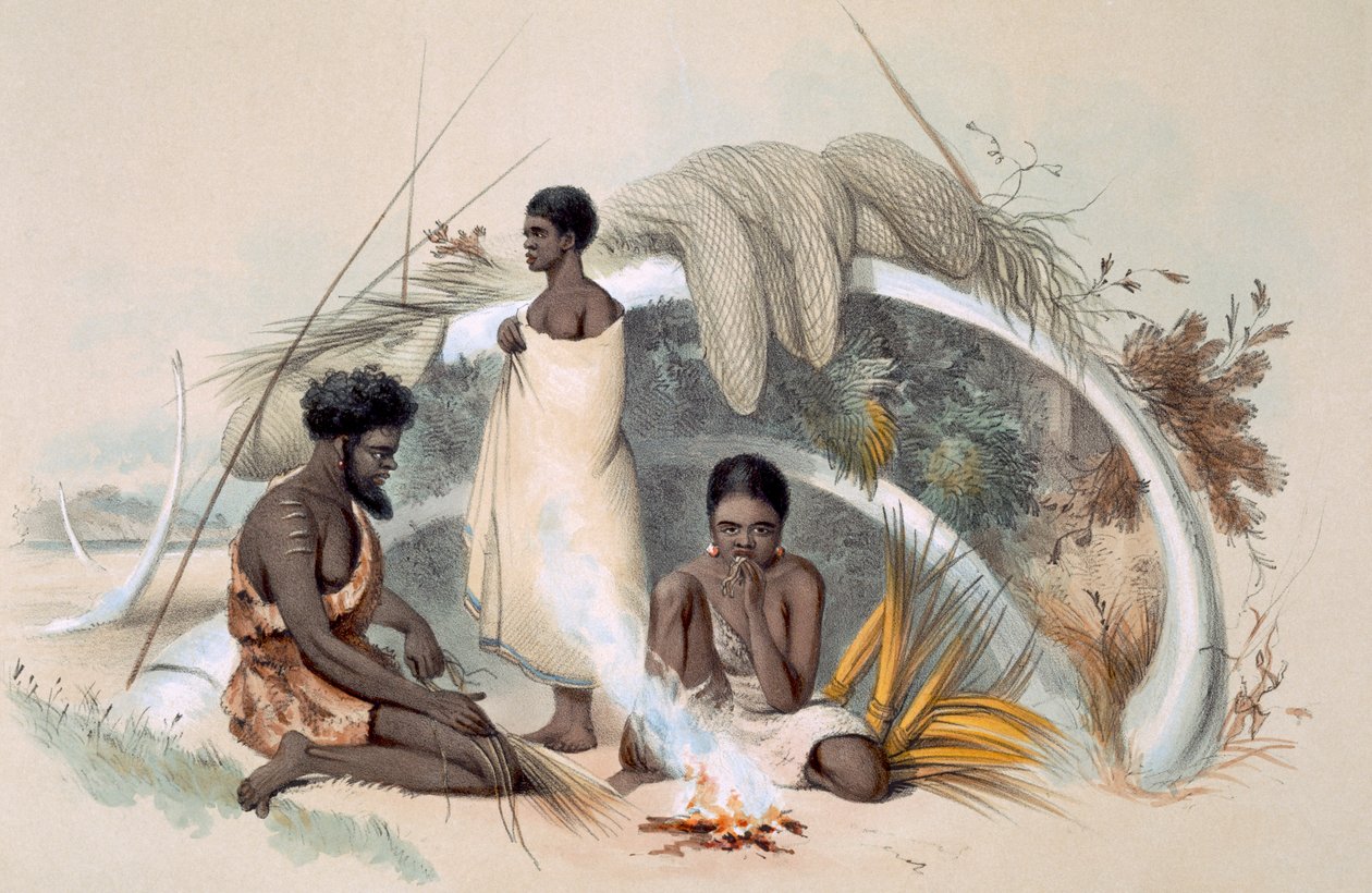 Nativos da Encounter Bay, fazendo corda para redes de pesca em uma cabana formada a partir das costelas de uma baleia, de "South Australia Illustrated", publicado em 1847 (gravura colorida à mão) de George French Angas
