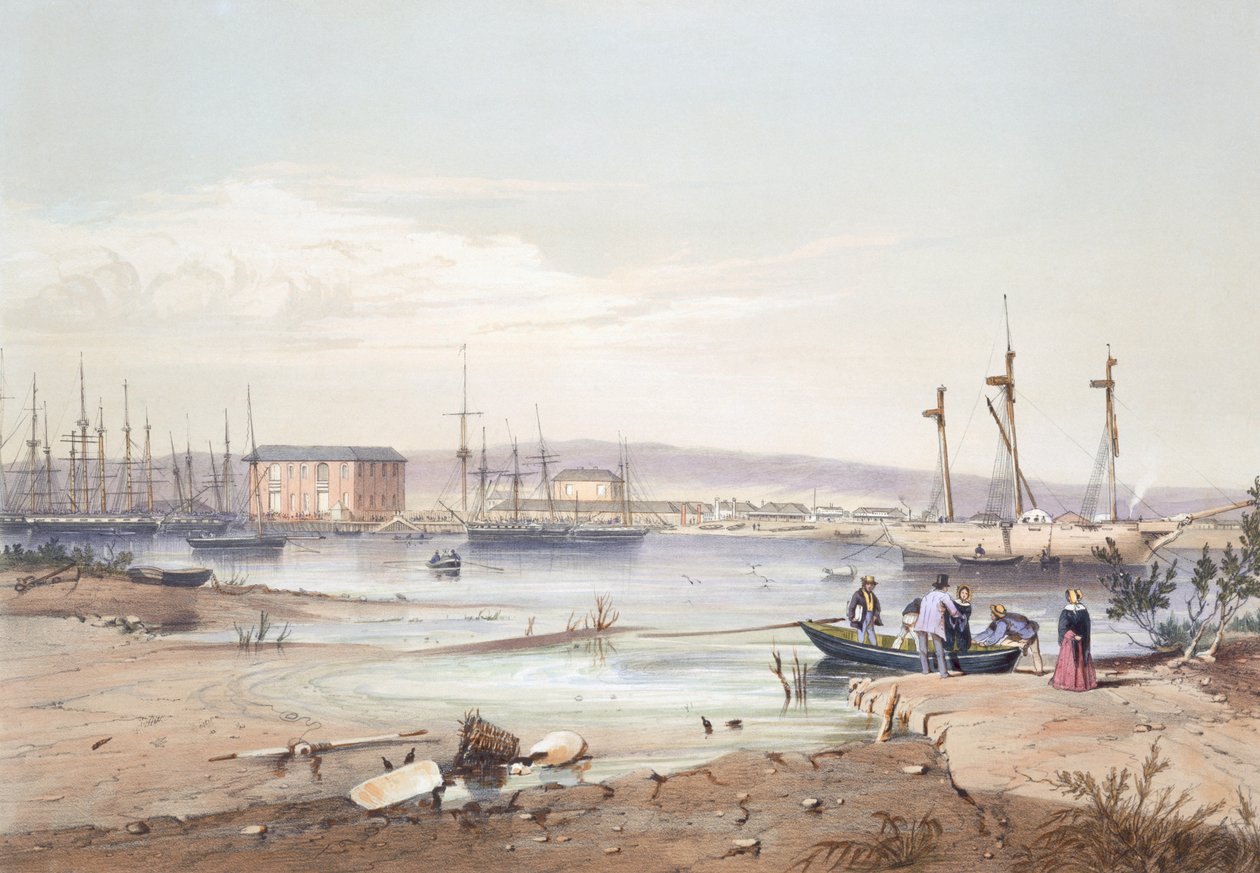 &39;Port Adelaide&39; de &39;South Australia Illustrated&39; publicado em 1847 (gravura colorida à mão) de George French Angas