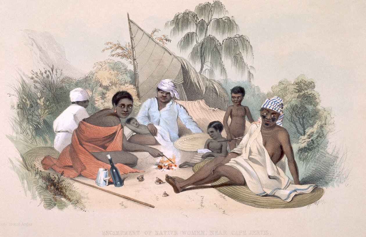 Os Habitantes Aborígenes: Acampamento de mulheres nativas, perto de Cape Jervis, de &39;South Australia Illustrated&39;, publicado em 1847 (gravura colorida à mão) de George French Angas