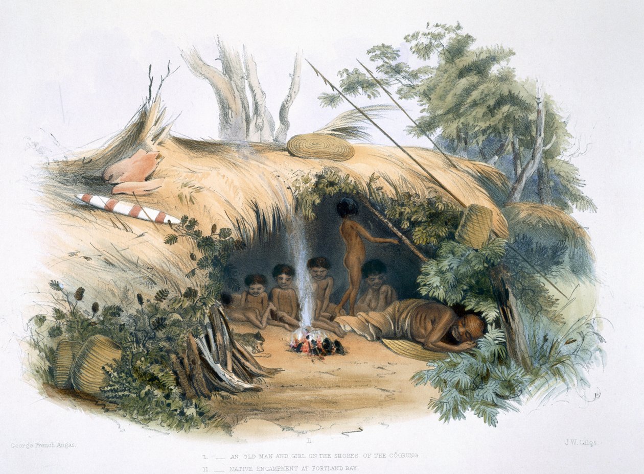 Os habitantes aborígines, II. Acampamento nativo em Portland Bay, &39;Cold Morning&39; e sua família, de &39;South Australia Illustrated&39;, publicado em 1847 (gravura colorida à mão) de George French Angas