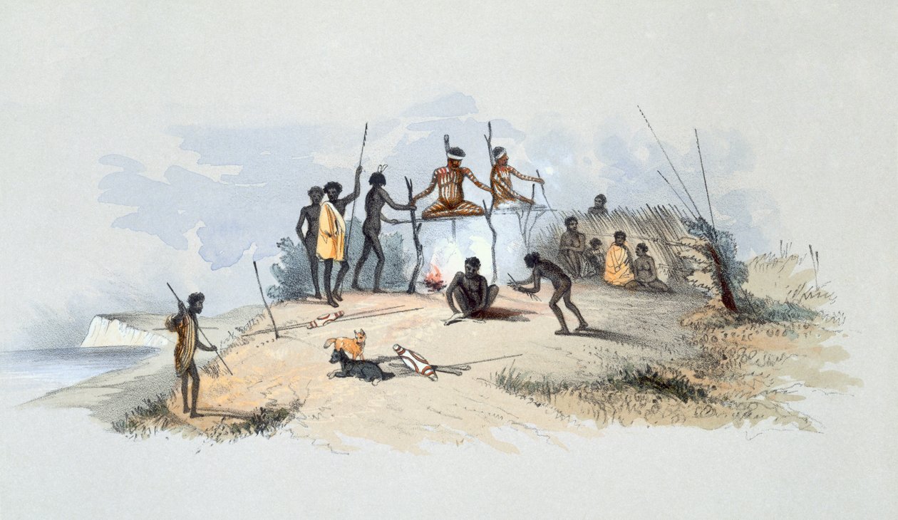 Os Habitantes Aborígenes: Túmulos Nativos e Meios de Dispor dos Mortos, de &39;South Australia Illustrated&39;, publicado em 1847 (gravura colorida à mão) de George French Angas