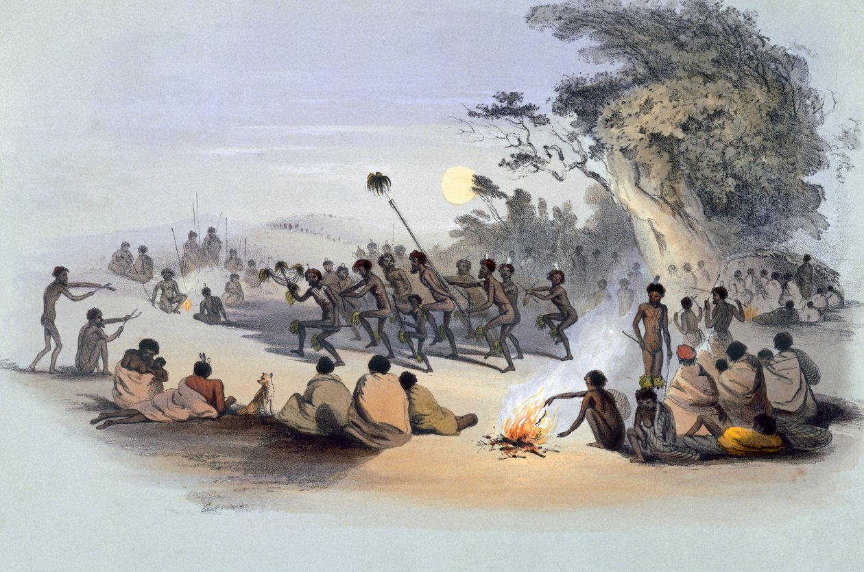 Os Habitantes Aborígenes: A Dança dos Kuri, de &39;South Australia Illustrated&39;, publicada em 1847 (gravura colorida à mão) de George French Angas