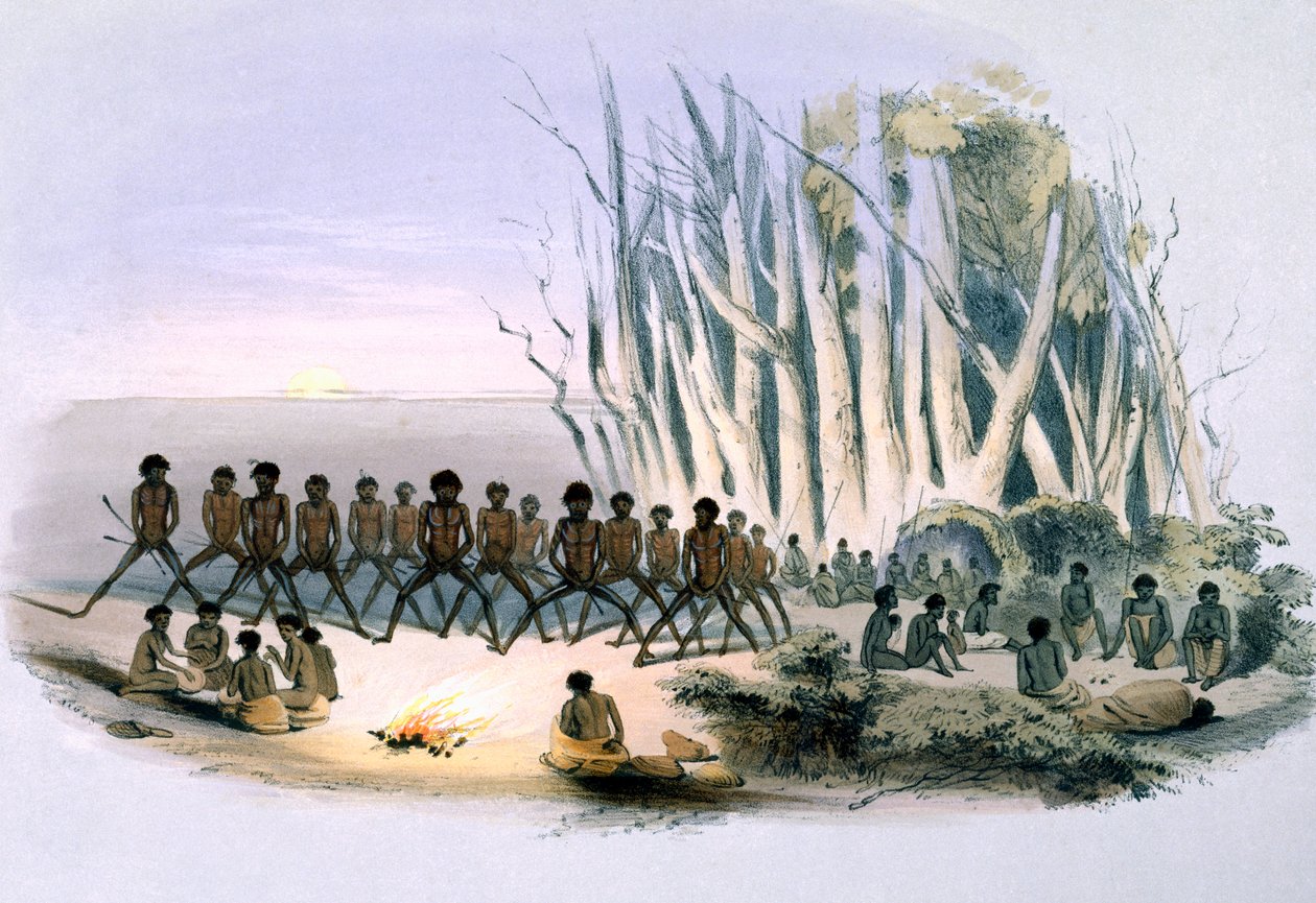 Os Habitantes Aborígenes: A Dança Palti, de &39;South Australia Illustrated&39;, publicado em 1847 (gravura colorida à mão) de George French Angas