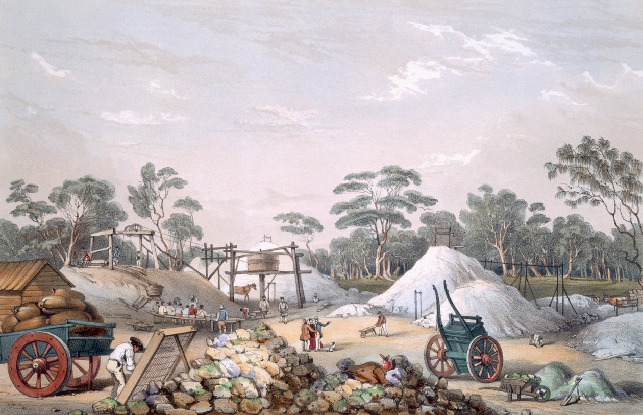 A Mina de Cobre Kapunda, de &39;South Australia Illustrated&39;, publicada em 1847 (gravura colorida à mão) de George French Angas