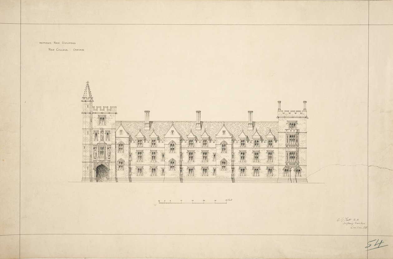 New College Oxford: Proposto Novos Edifícios, 1870-79 (tinta no papel) de George Gilbert Scott