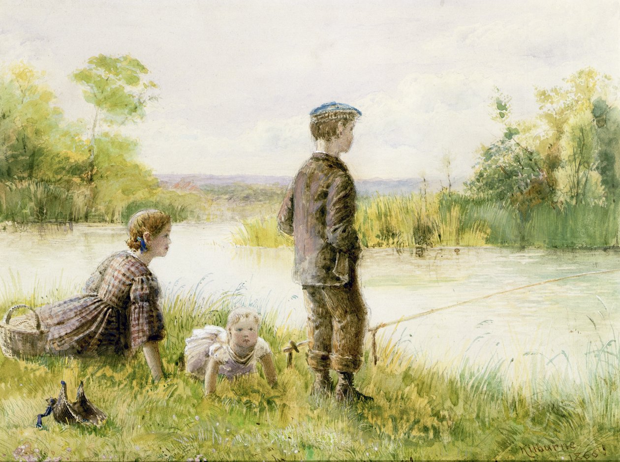 Crianças, pesca, por, um, fluxo de George Goodwin Kilburne