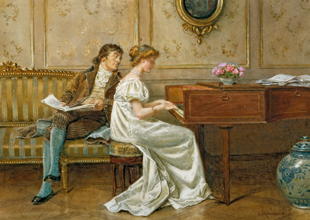 The New Spinet (lápis, wc e guache sobre papel) de George Goodwin Kilburne