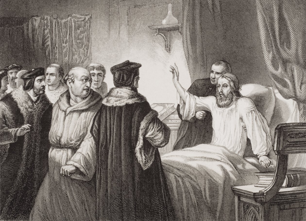 John Wycliffe (c.1330-84) em seu leito de enfermo assaltado pelos frades em Oxford, 1378, de "Ilustrações da História Escocesa e Inglesa", Volume I de George Housman Thomas