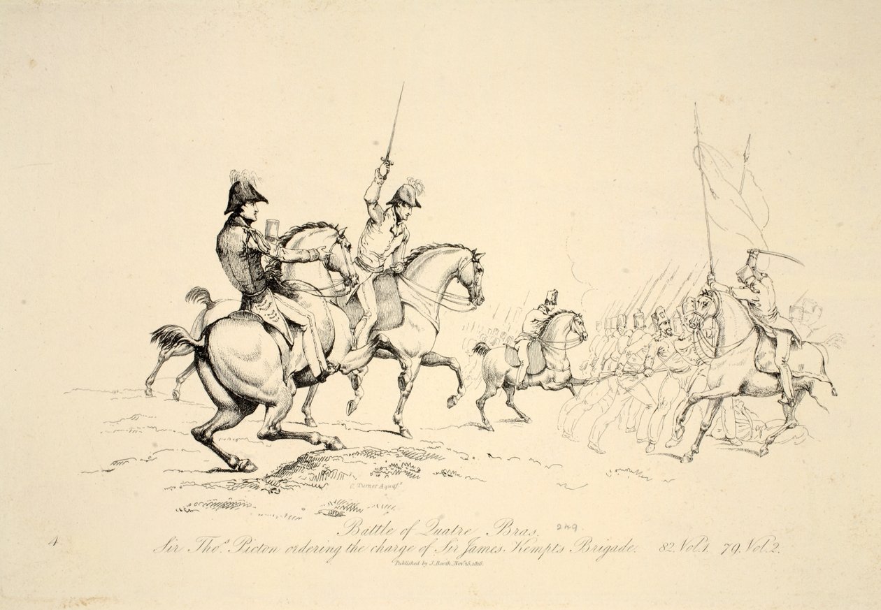 Batalha de Quatre Bras: Sir Thomas Picton ordenando a acusação de Sir James Kempts Brigade, pub. J. Booth, 1816 de George Jones