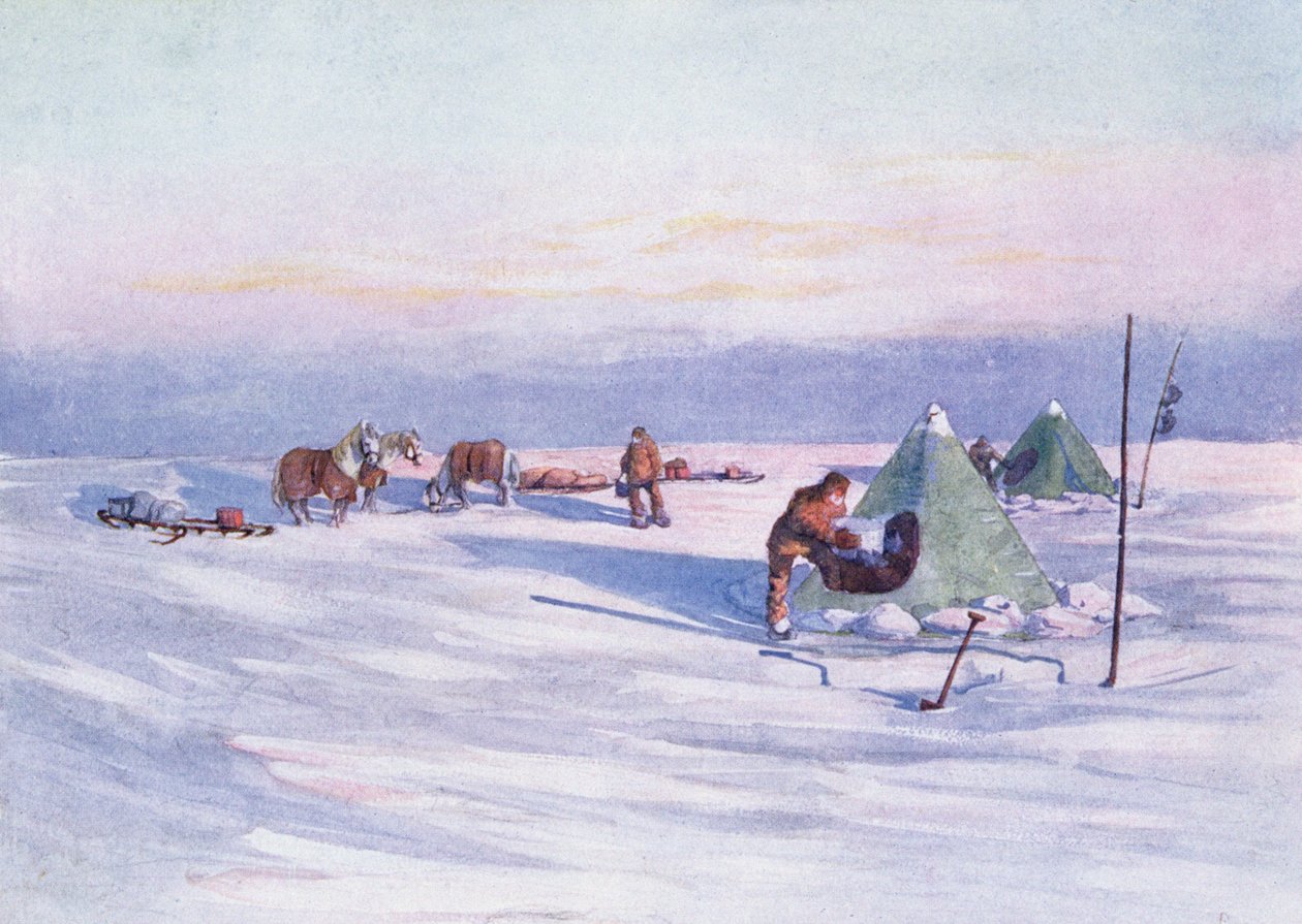 Organizando o Acampamento, ilustração de &39;Nimrod in the Antarctic 1907-09&39; escrito por Sir Ernest Shackleton (1874-1922) de George Marston