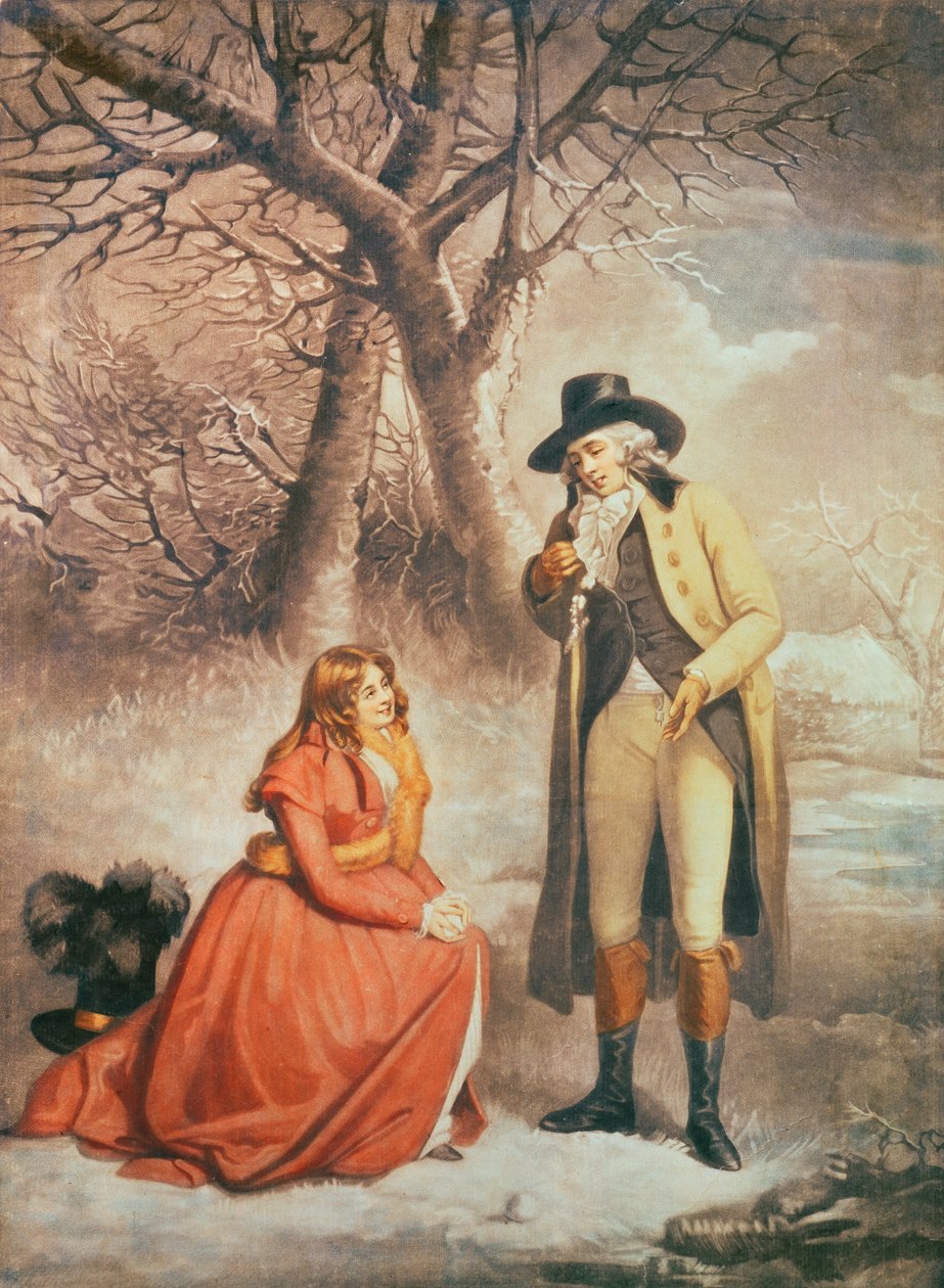 Cavalheiro e mulher em uma cena invernal de George Morland