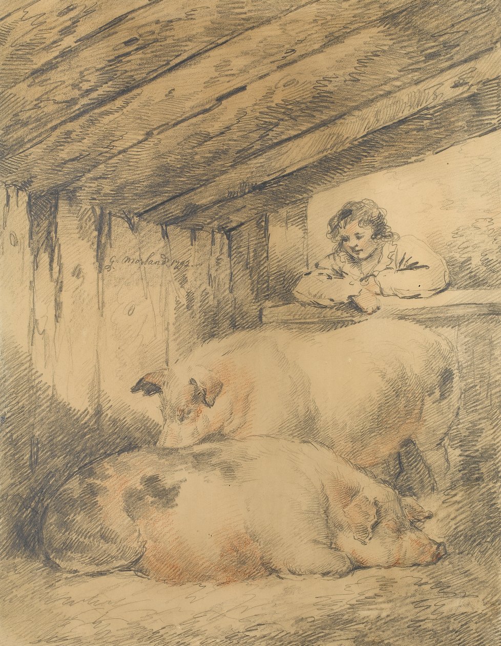 O Pigsty, 1792 (lápis com giz vermelho e branco sobre papel) de George Morland