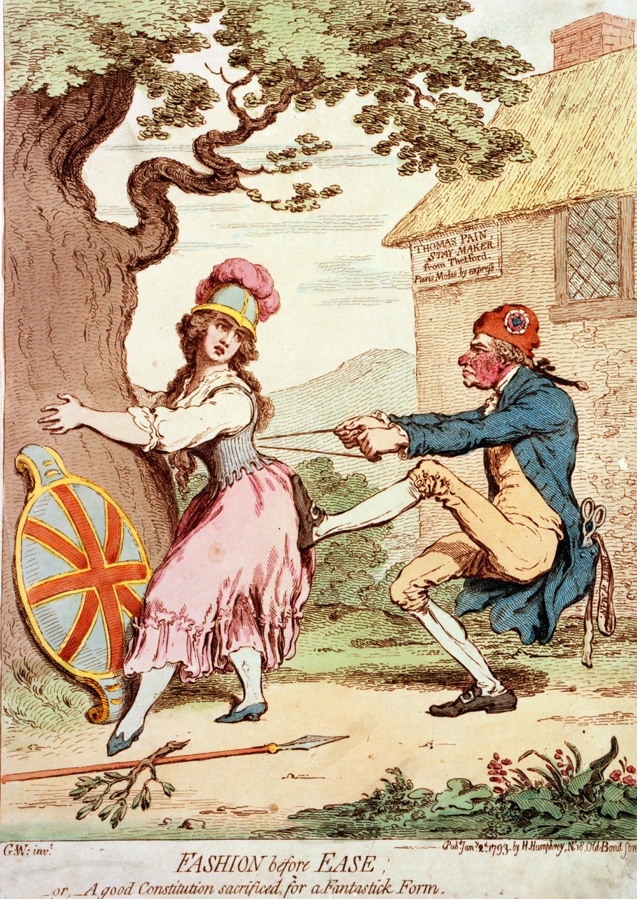 Fashion Before Ease, ou Uma Boa Constituição Sacrificada por uma Forma Fantástica, pub. 1793 (gravura colorida à mão) de George Moutard Woodward