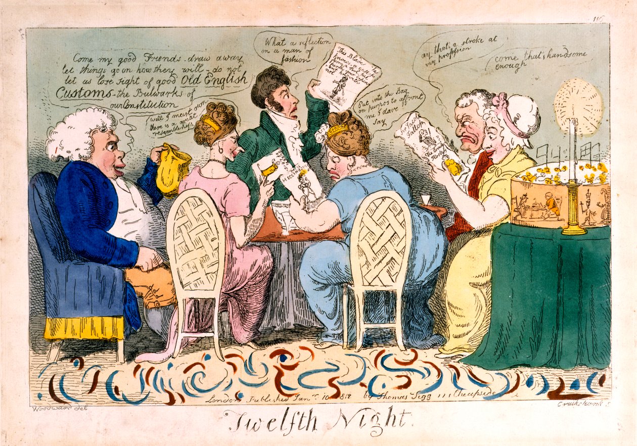 12ª Noite, gravura de Isaac Cruikshank (1764–1811), impressa por Thomas Tegg (1776–1845), 1819 (gravura à mão colorida) de George Moutard Woodward