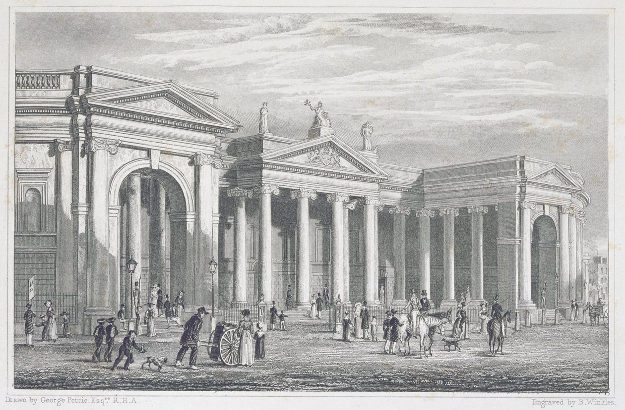 Pórtico sul do Banco da Irlanda, Dublin, originalmente o Parlamento, gravado por B. Winkles de George Petrie