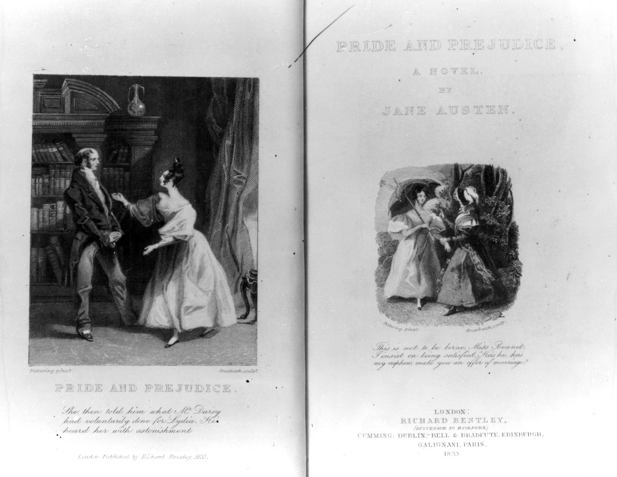 Frontispício e página de título de &39;Orgulho e Preconceito&39; de Jane Austen, gravado por William Greatbach, edição publicada em 1833 de George Pickering