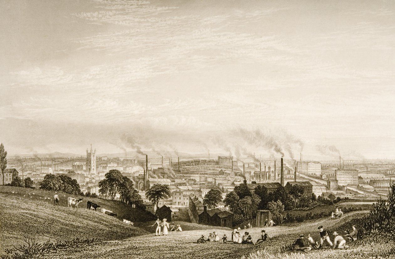 Visão Geral da Stockport, Lancashire mostrando moinhos de algodão, publicado por JC Varrall (fl.1815-27) 1830s de George Pickering