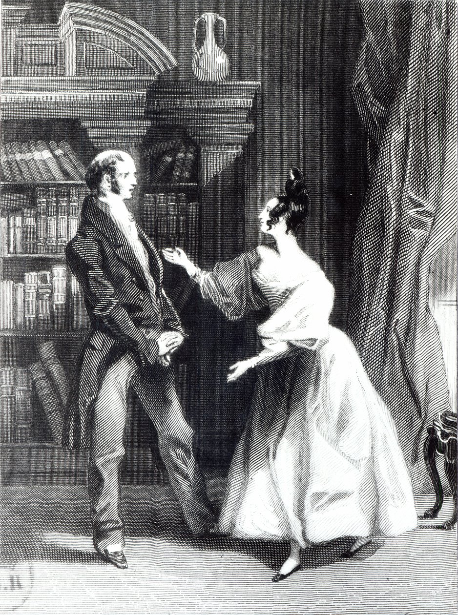 Ela contou então o que o sr. Darcy fizera voluntariamente para Lydia. Ele a ouviu com espanto ”, ilustração de“ Orgulho e Preconceito ”, de Jane Austen (1775-1817), gravada por William Greatbach (n.18). de George Pickering