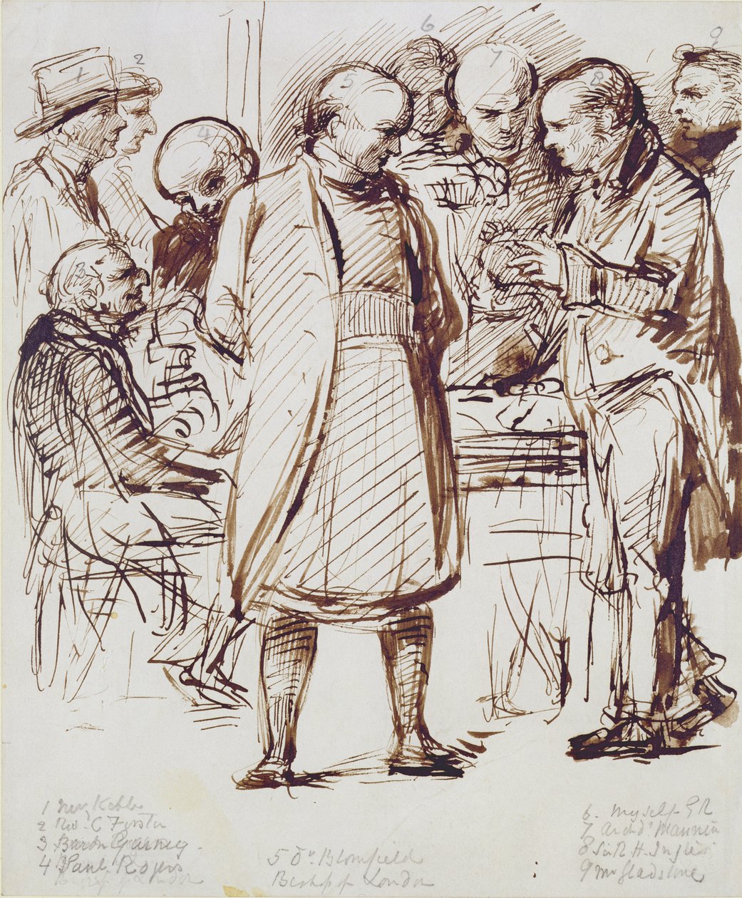 Um grupo de clérigos e políticos, incluindo John Keble (1792-1866) e William Gladstone (1809-98) em conversa com o Bispo de Londres no Palácio Fulham (caneta, tinta marrom e toco) de George Richmond