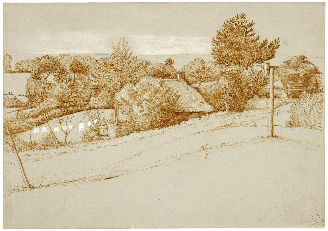 Uma paisagem arborizada com uma casa de campo de George Richmond