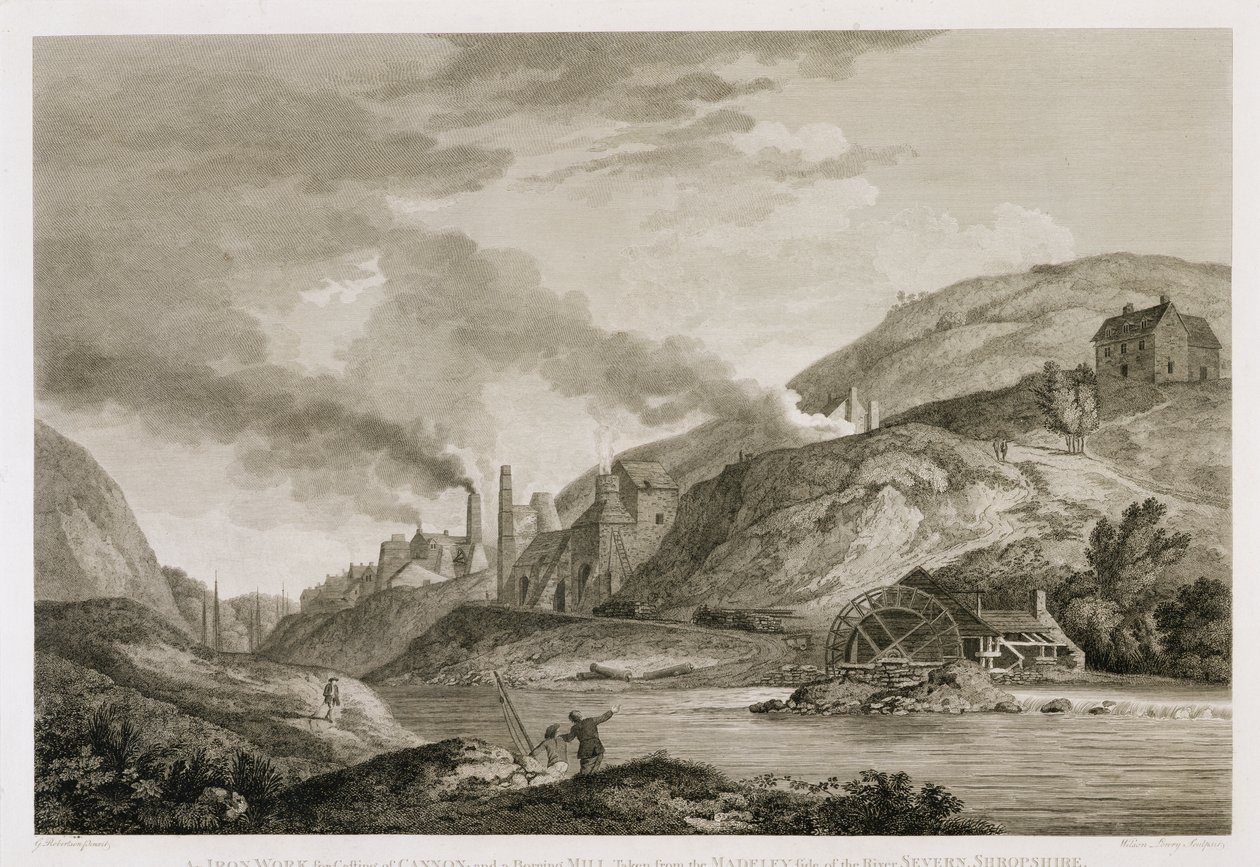 Um trabalho de ferro para fundição de canhão e um moinho de perfuração retirado do lado Madeley do rio Severn, Shropshire, gravado por Wilson Lowry (1762-1824) 1788 de George Edward Robertson