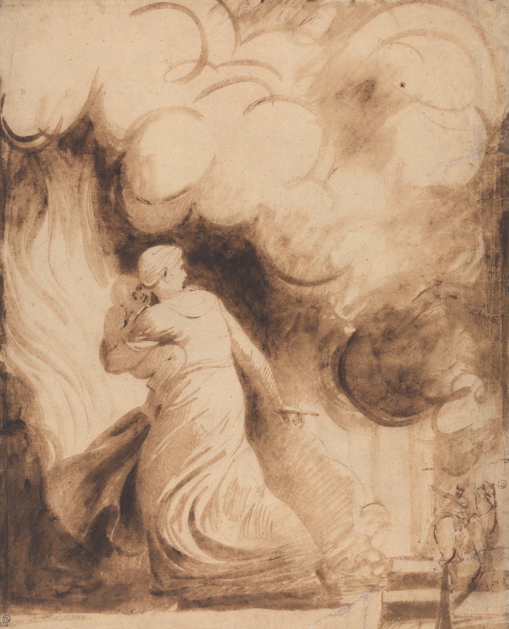 Uma mãe com seu filho em seus braços voando sobre as muralhas de uma cidade em chamas (Lady Hamilton como ... de George Romney