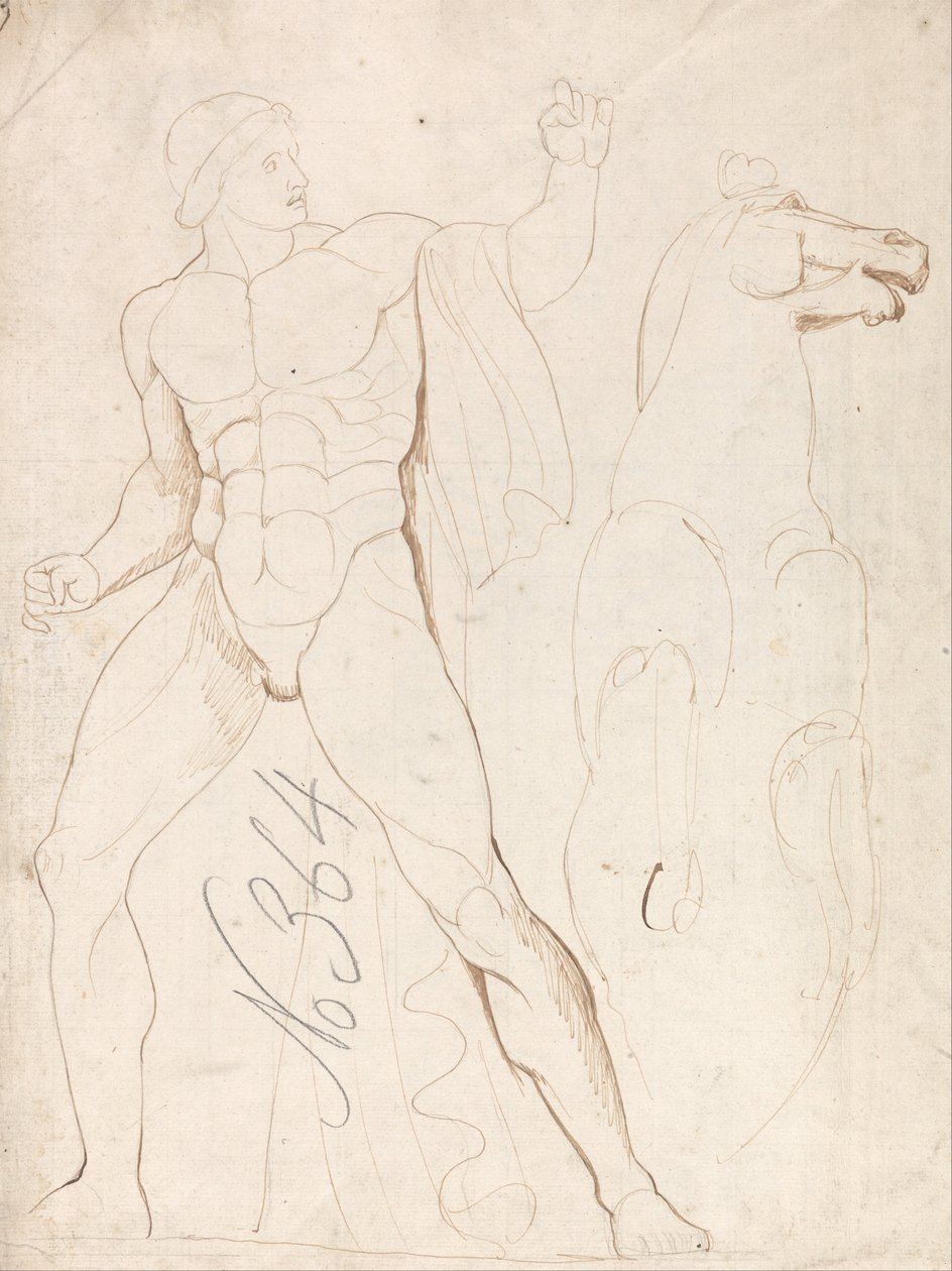 Nu masculino clássico com um cavalo de criação de George Romney