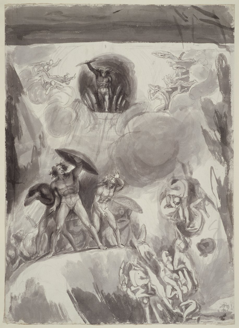 Queda dos Anjos Rebeldes, 1790 (caneta e tinta com wc sobre lápis sobre papel) de George Romney