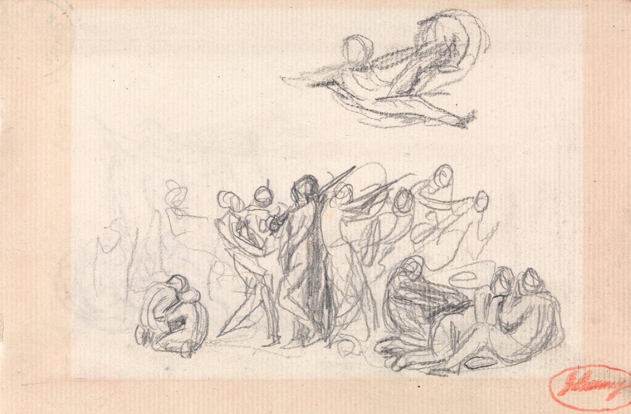 Grupo de figuras, com uma figura de vôo acima de George Romney
