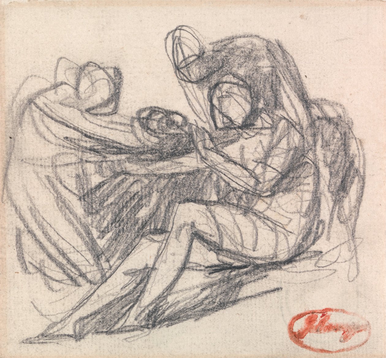 Duas figuras ajudando uma figura sentada de George Romney