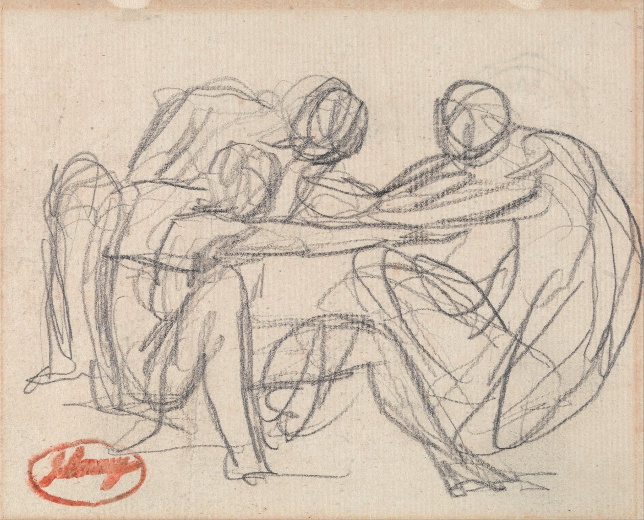 Duas figuras ajoelhadas lutando com uma figura sentada de George Romney