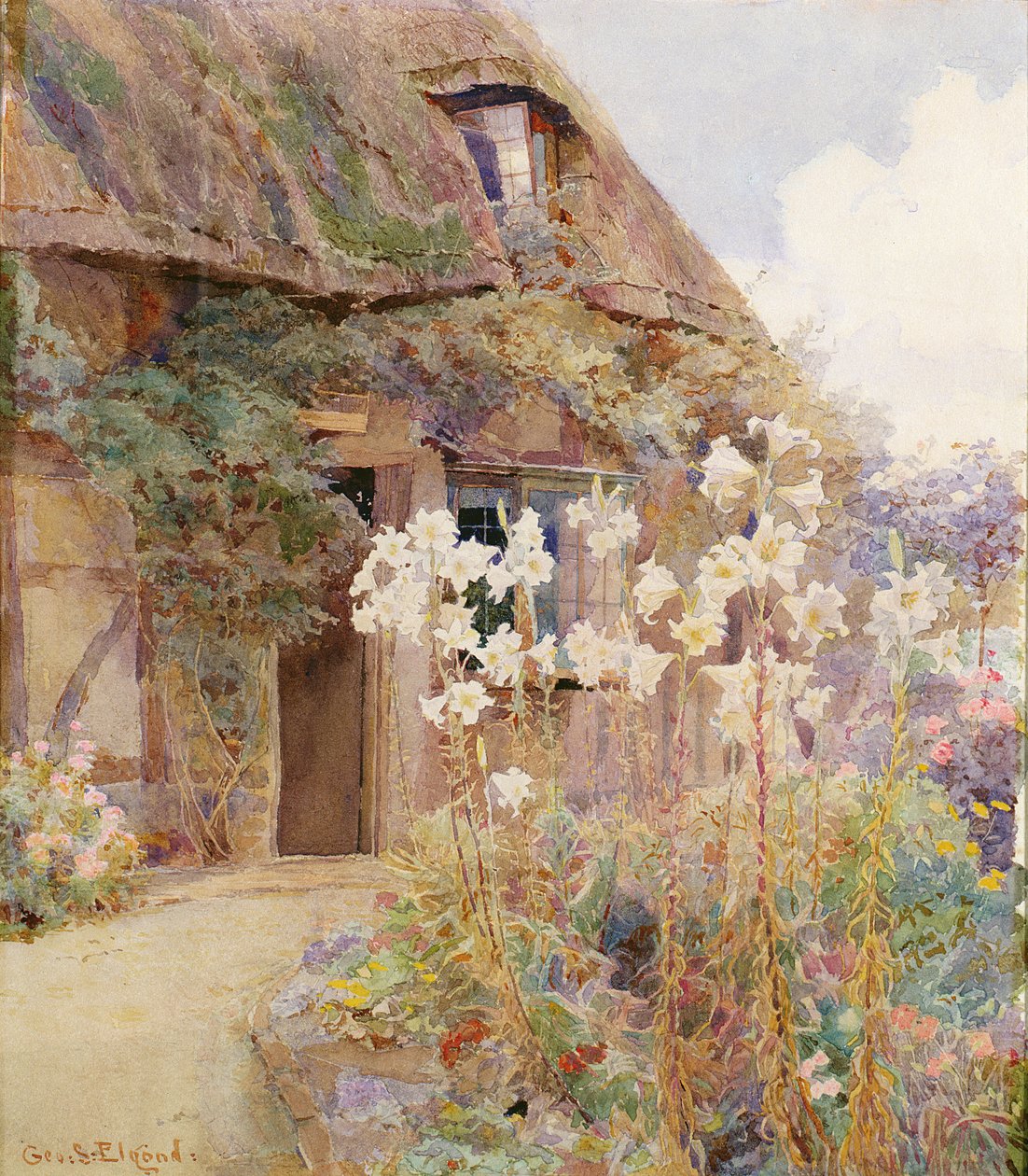 Um jardim Cottage com Madonna Lilies de George Samuel Elgood