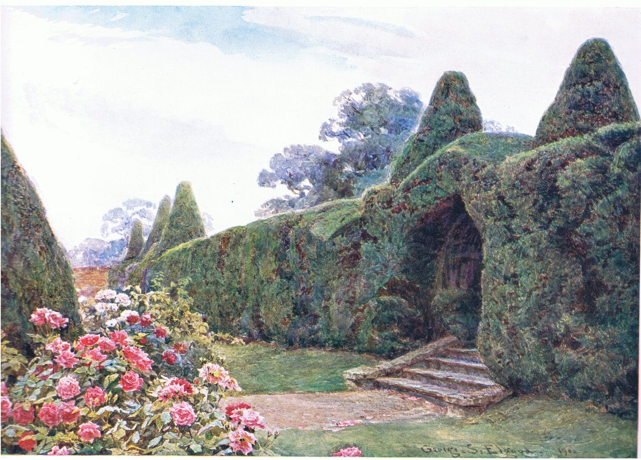Teixo arqueado em Brickwall, Sussex, dos jardins da Inglaterra: nos condados do sul e ocidentais publicados pelo estúdio, 1907 de George Samuel Elgood