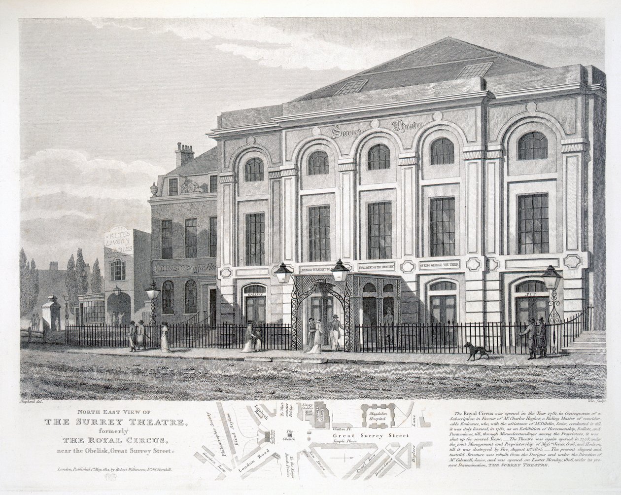 Vista do leste norte do teatro de Surrey, anteriormente o circo real, perto do obelisco, grande rua de Surrey, gravada por William sábio (fl.1790-1818), bar. por Robert Wilkinson, Londres de George Shepherd