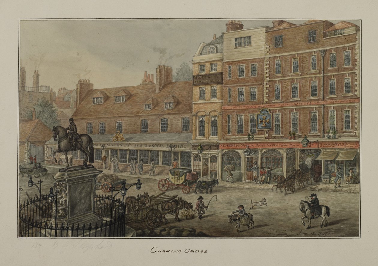 Vista de Charing Cross mostrando veículos puxados por cavalos, figuras e o Dublin Hotel Tavern e Coffee House, 1807 (wc no papel) de George Shepherd