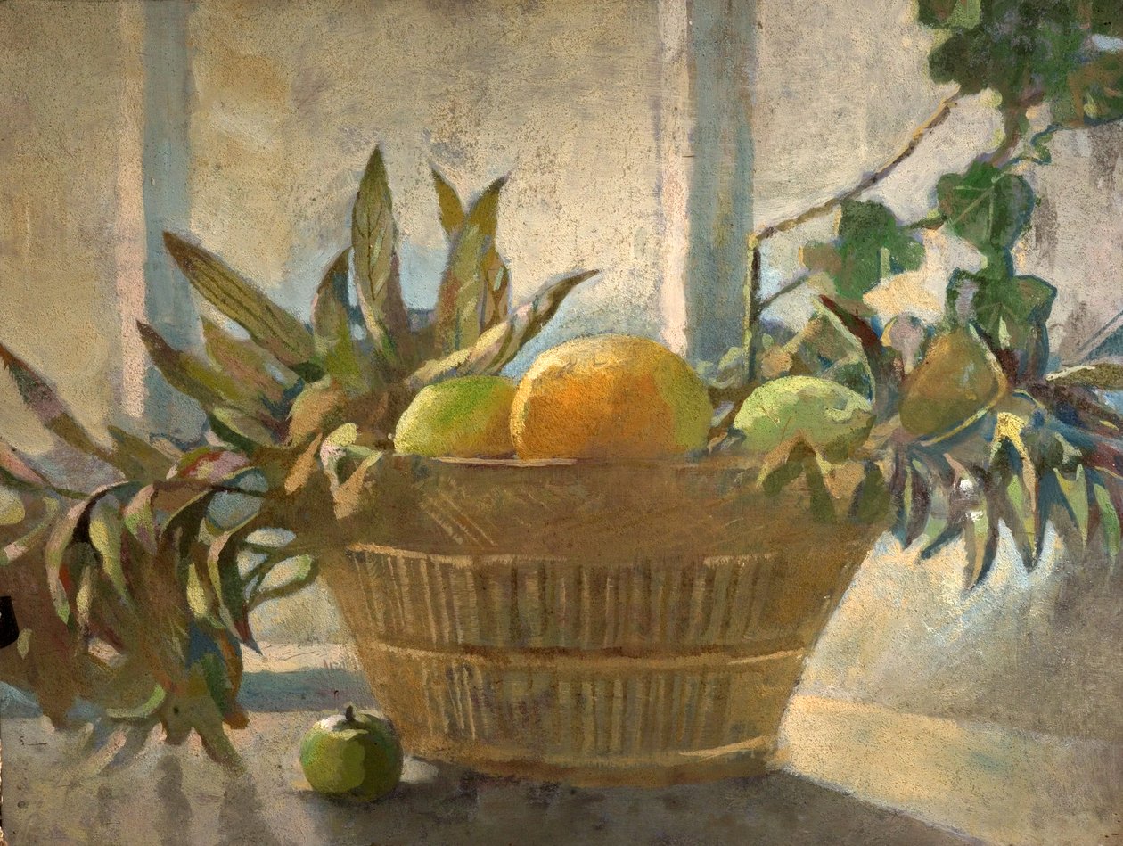 Frutas e folhas em uma cesta (tempera na madeira) de George Sheringham