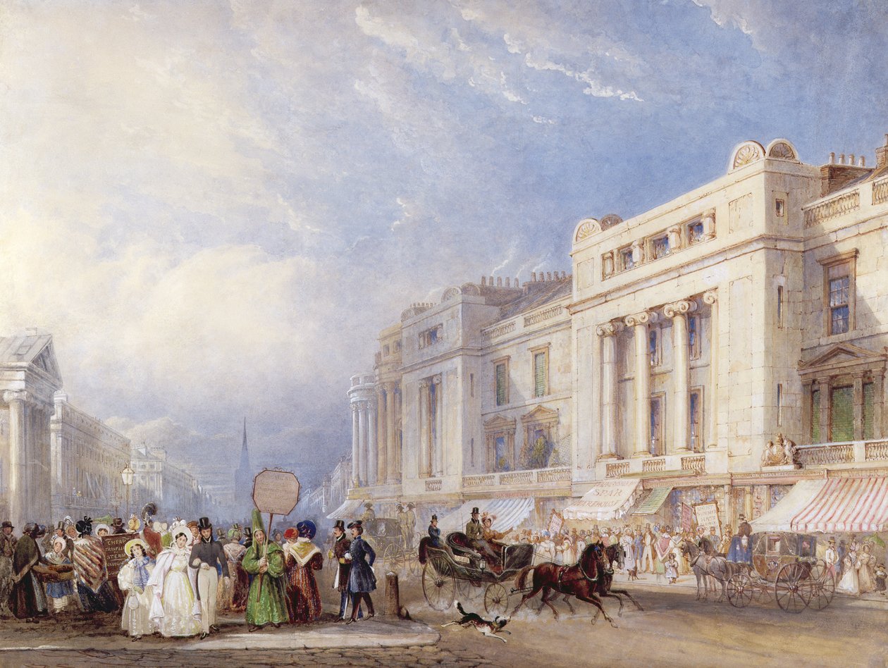 Regent Street, Londres, olhando para o norte, com Dickins e Jones à direita, e a capela de Hanover à esquerda, 1835 (com guache e lápis) de George Shepherd