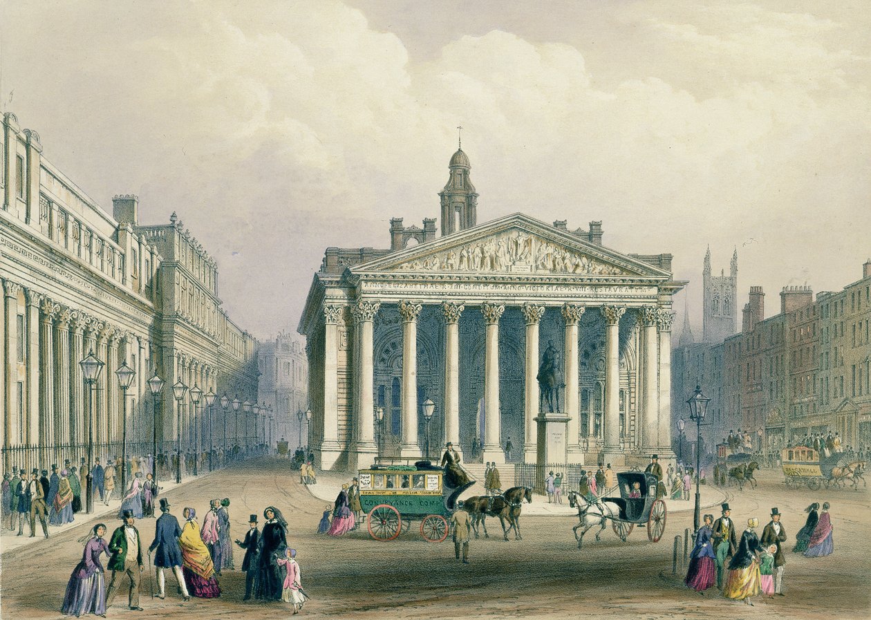 The Royal Exchange e o Banco da Inglaterra, litografia de T. Picken, impressa por Day und Son., Publicada por Rudolph Ackerman, 1851 de George Shepherd