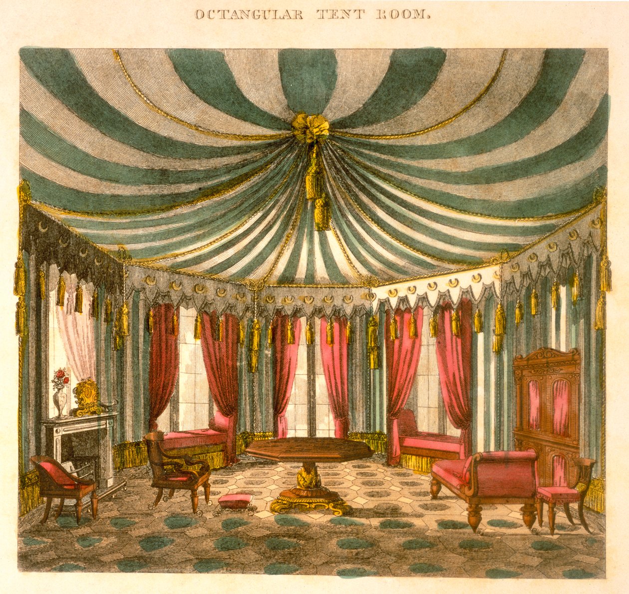 Sala de tenda octogonal, de fabricante de armário e guia de estofos, sendo um livro de desenho completo, Pub Jones und Co, Smith, George (1783-1869), 1826, gravura colorida de George Smith