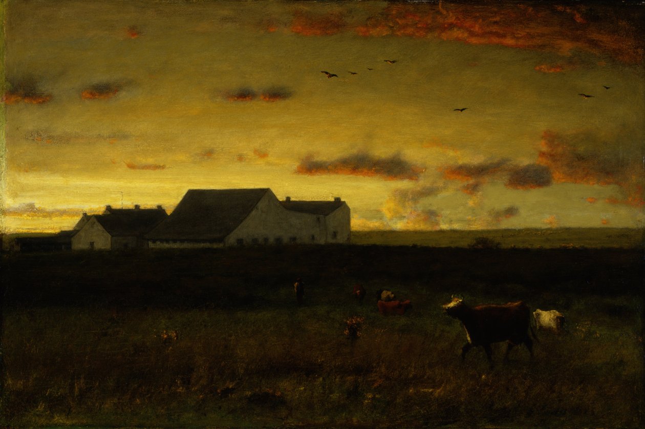 Paisagem de fazenda, gado no pasto, pôr do sol, Nantucket, c.1883 de George Inness