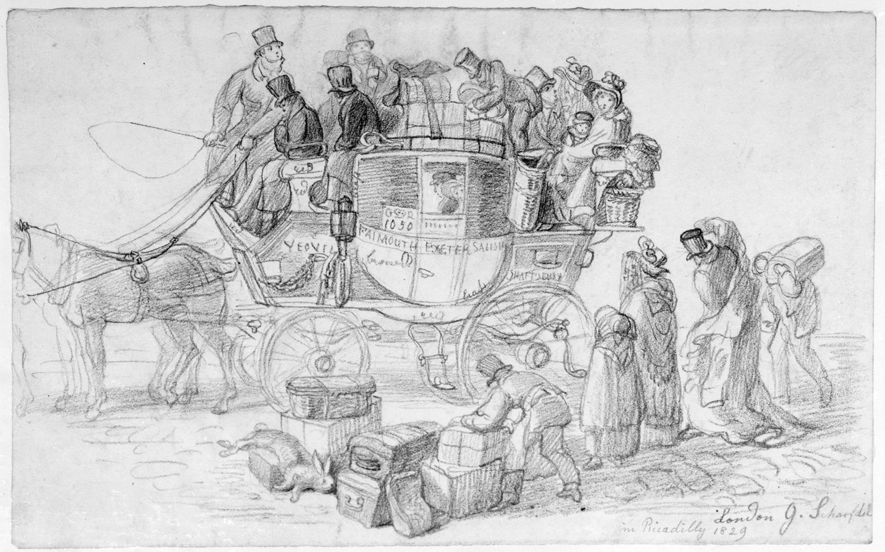 Um técnico do West Country Mail saindo de Piccadilly, 1829 de George Snr Scharf