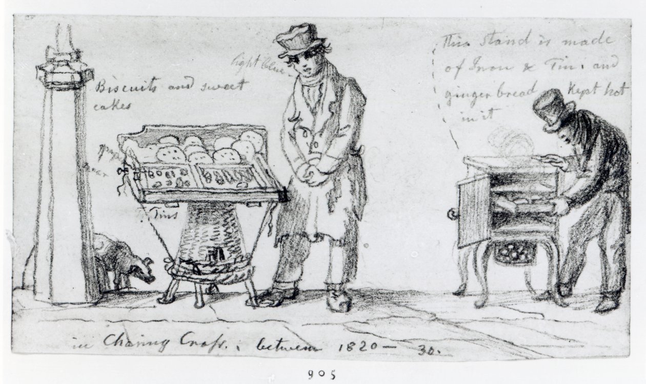 Biscoitos e barracas de gengibre em Charing Cross, 1820-30 de George Snr Scharf