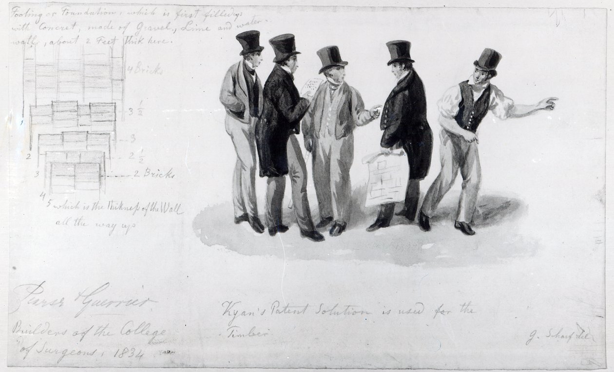 Construtores, agrimensores e arquitetos na construção do Royal College of Surgeons, 1834 de George Snr Scharf