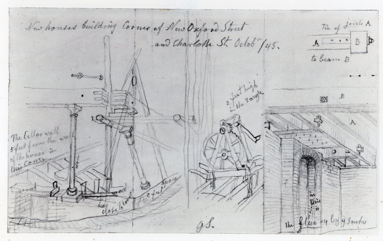 Construindo novas casas na esquina da New Oxford Street e Charlotte Street, 1845 de George Snr Scharf