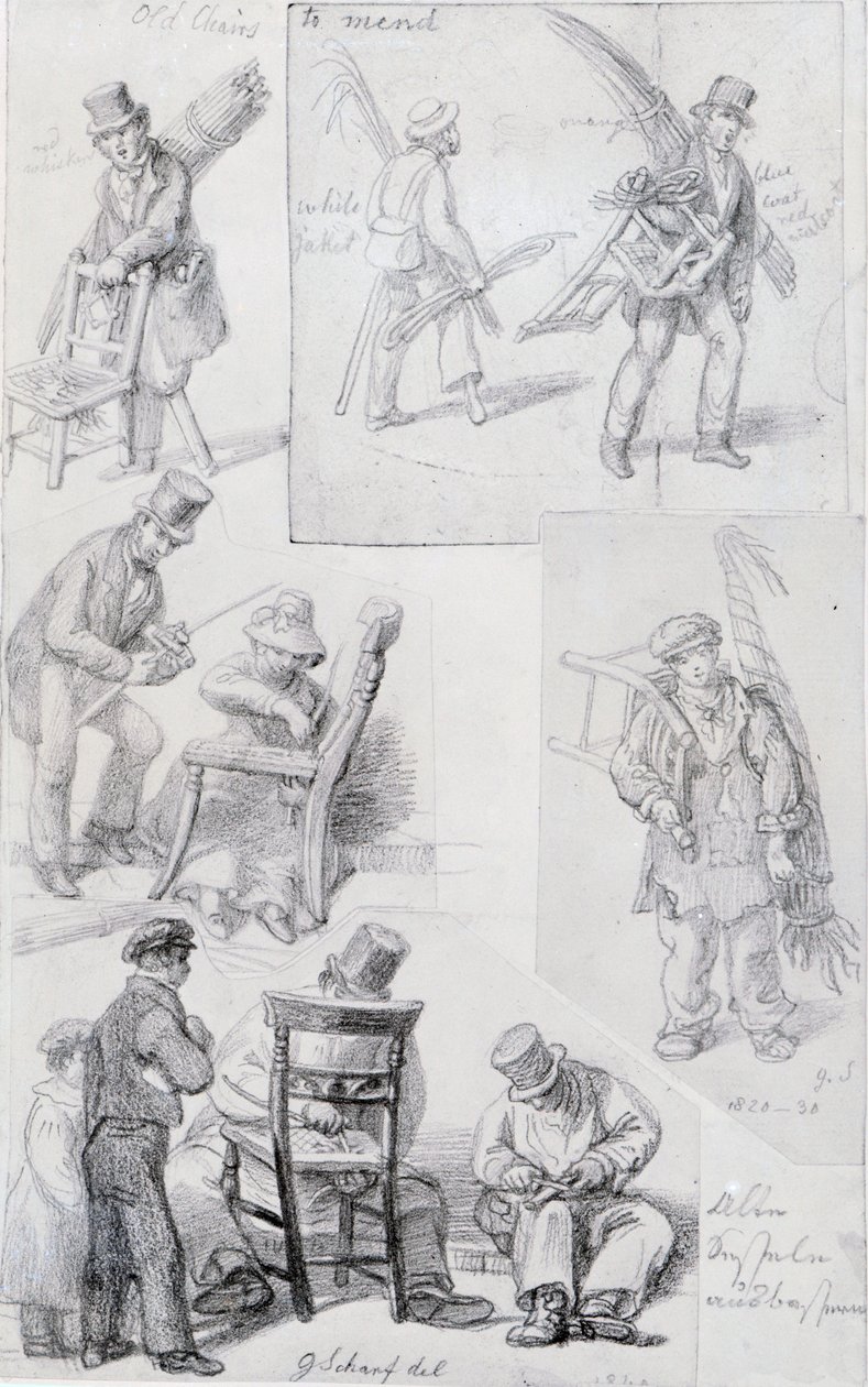 Consertadores de cadeira nas ruas de Londres, 1820-30 de George Snr Scharf