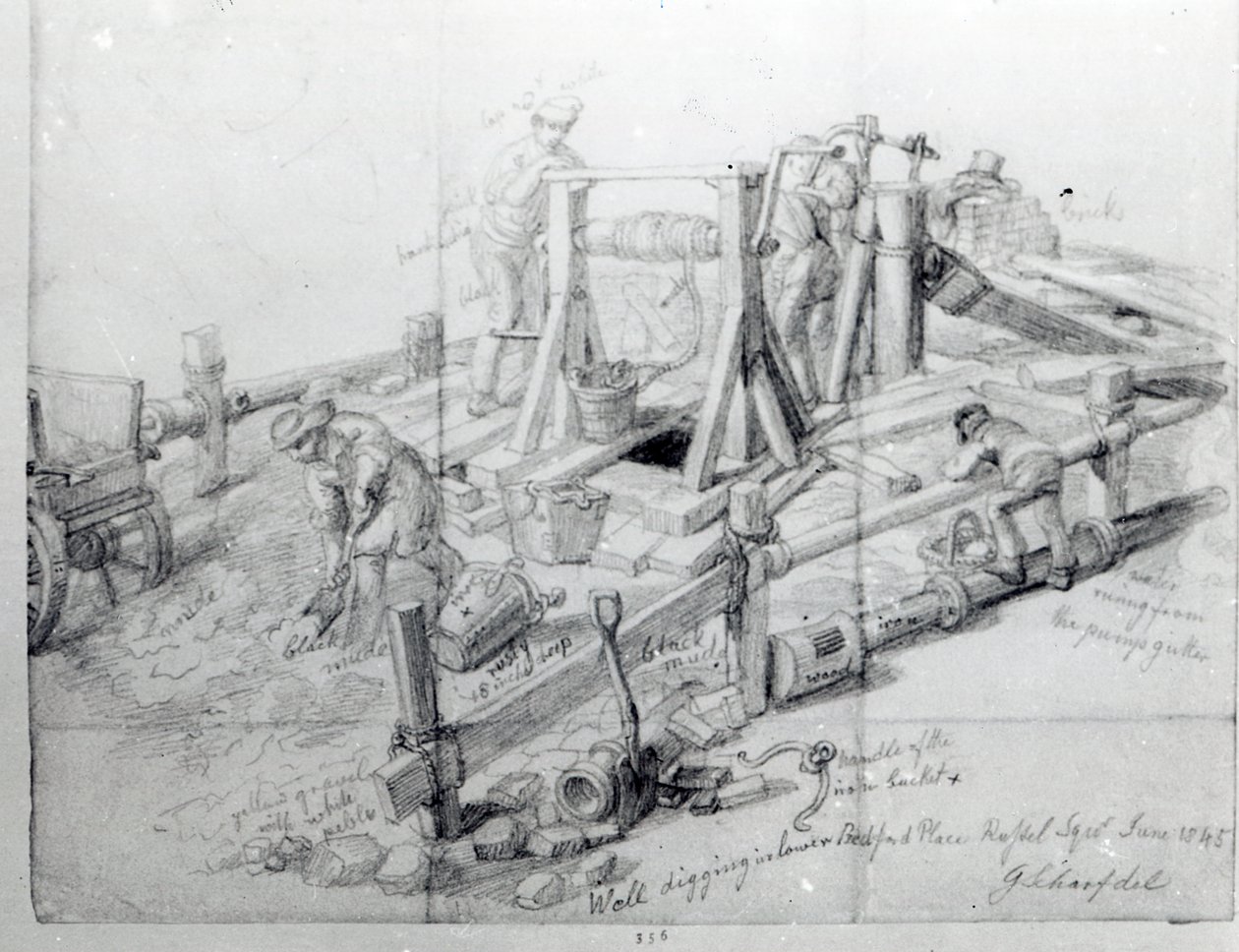 Cavando um poço em Lower Bedford Place, Londres, 1845 de George Snr Scharf