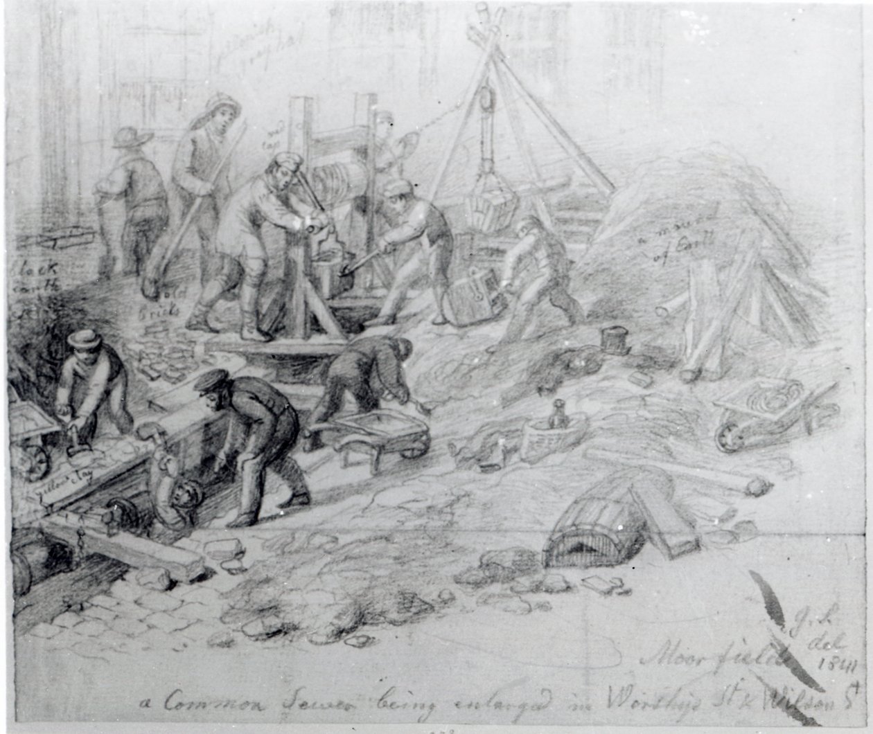 Ampliando os esgotos em Moorfields, Londres, 1841 de George Snr Scharf